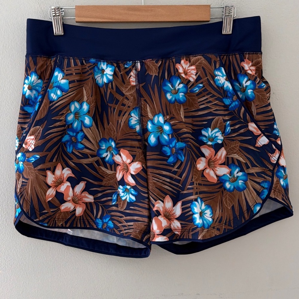 Lands End Women Navy Blue Tropical Floral Swim Board Shorts Size 10 Pockets